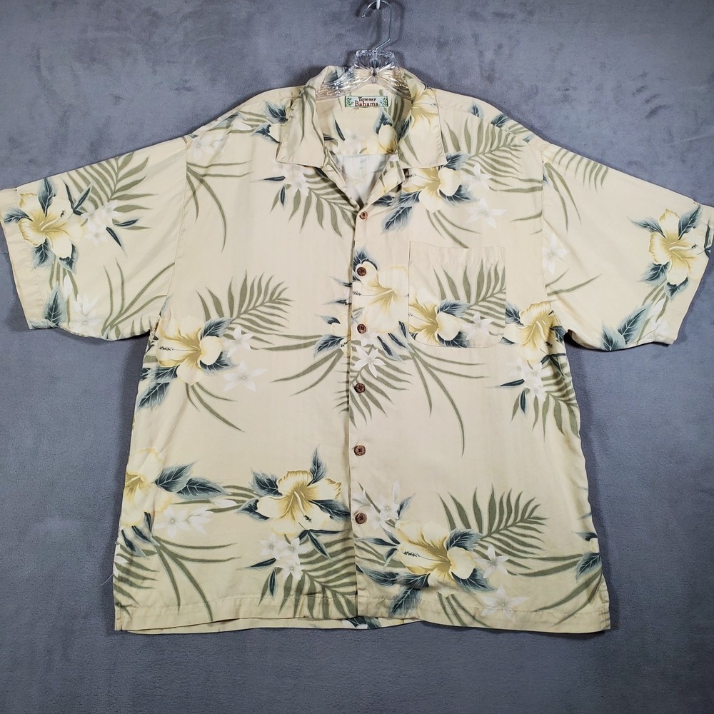 Tommy Bahama Shirt Mens XL Beige Yellow Silk Floral Camp Aloha Hawaiian Tropical